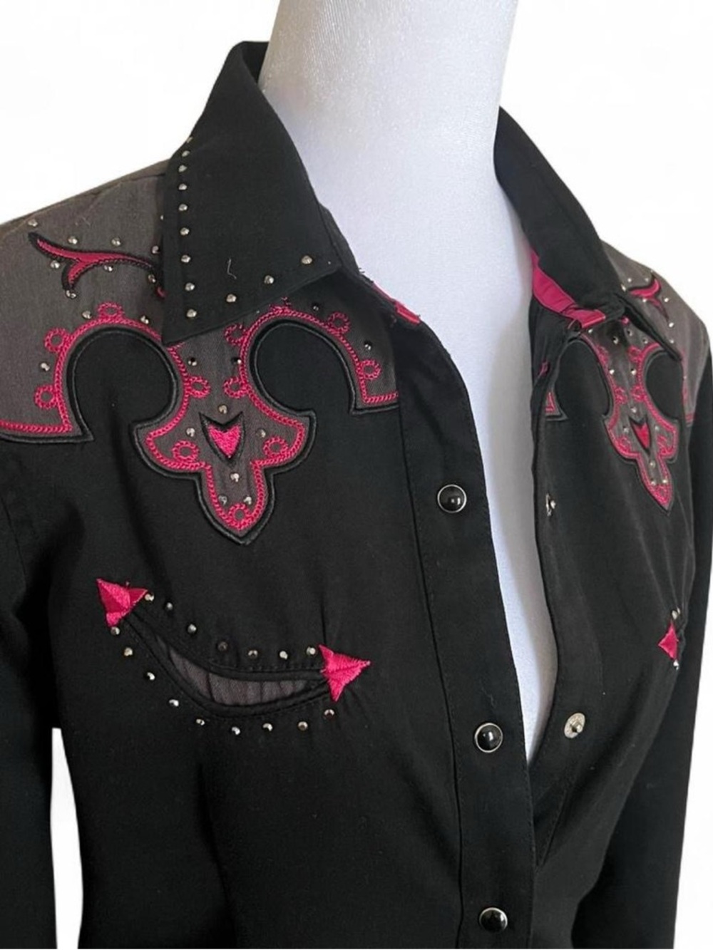 Panhandle Slim Black Western-Style Snap Button Pink Embroidery & Rhinestones